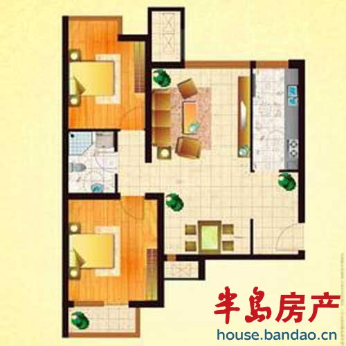 鲁商蓝岸国际 F1户型 2室2厅1卫1厨89.80㎡