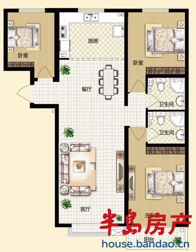 昆泉星港 C栋户型D 3室2厅2卫1厨120.13㎡