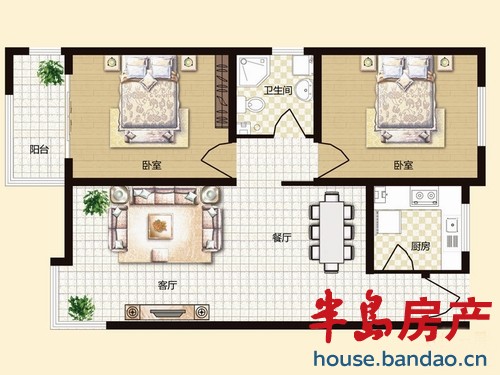 昆泉星港 D栋户型A 2室2厅1卫1厨93.28㎡