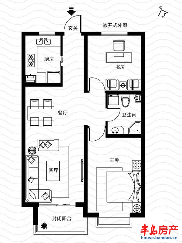 西海景苑J户型2室1厅1卫1厨 92.06㎡