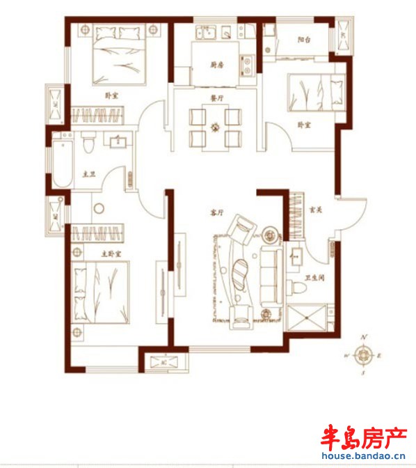 金茂湾B5户型3室2厅2卫1厨 124.00㎡