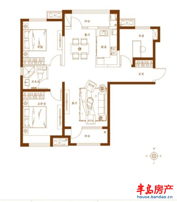 金茂湾B7户型3室2厅1卫1厨 114.00㎡