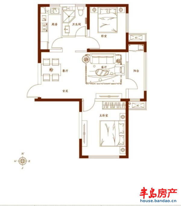 金茂湾C2户型2室2厅1卫1厨 88.00㎡