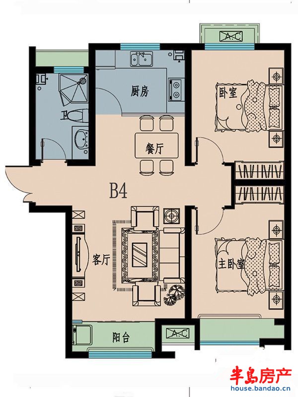 B4户型2室2厅1卫1厨 84.00㎡