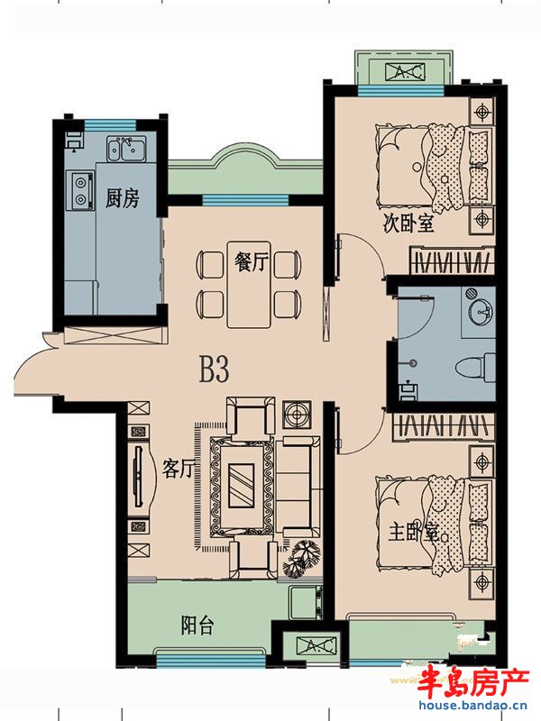 B3户型2室2厅1卫1厨 84.00㎡