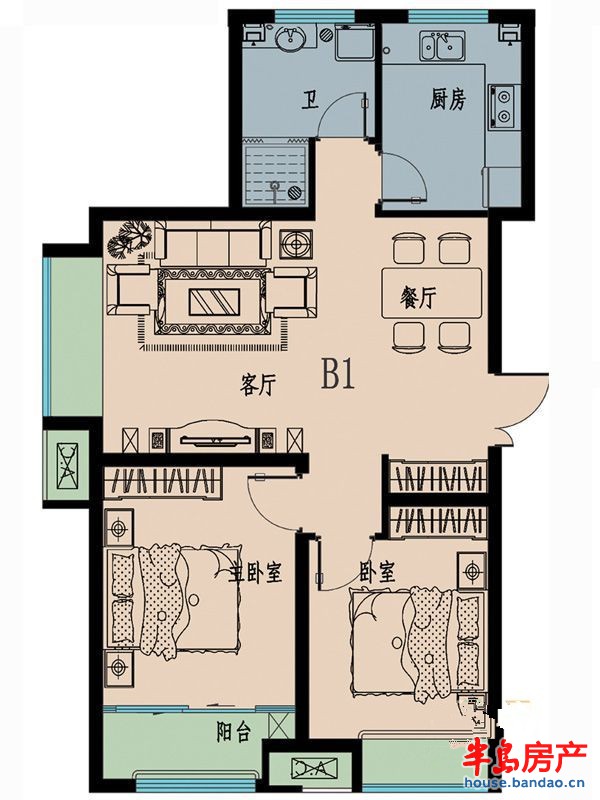 B1户型2室2厅1卫1厨 84.00㎡