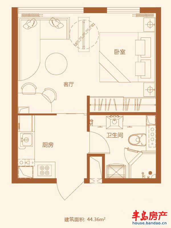 金色海湾A2户型一室一厅一卫 44.36㎡ 1室1厅1卫1厨44.36