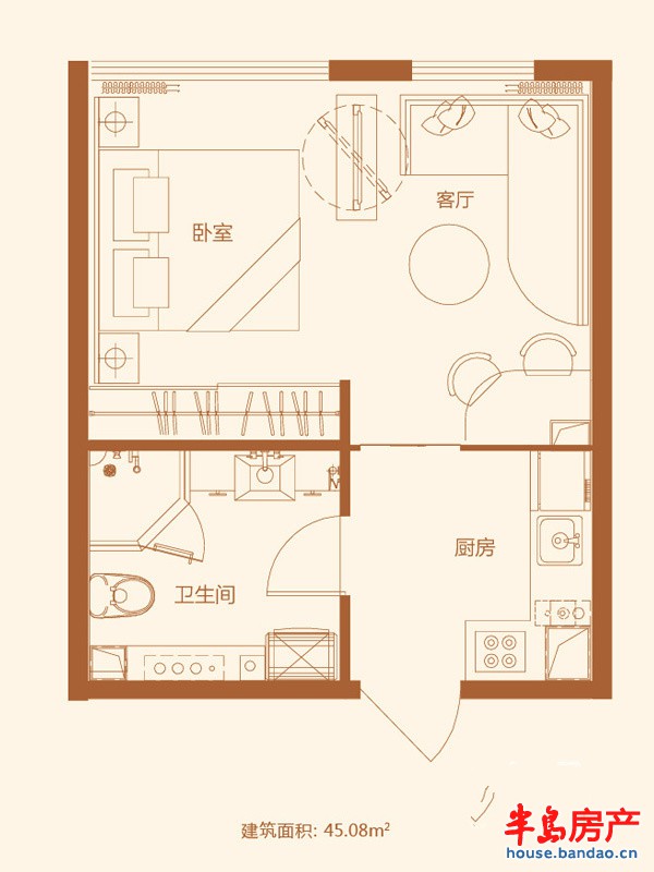 金色海湾A3户型一室一厅一卫45.08㎡ 1室1厅1卫1厨45.08