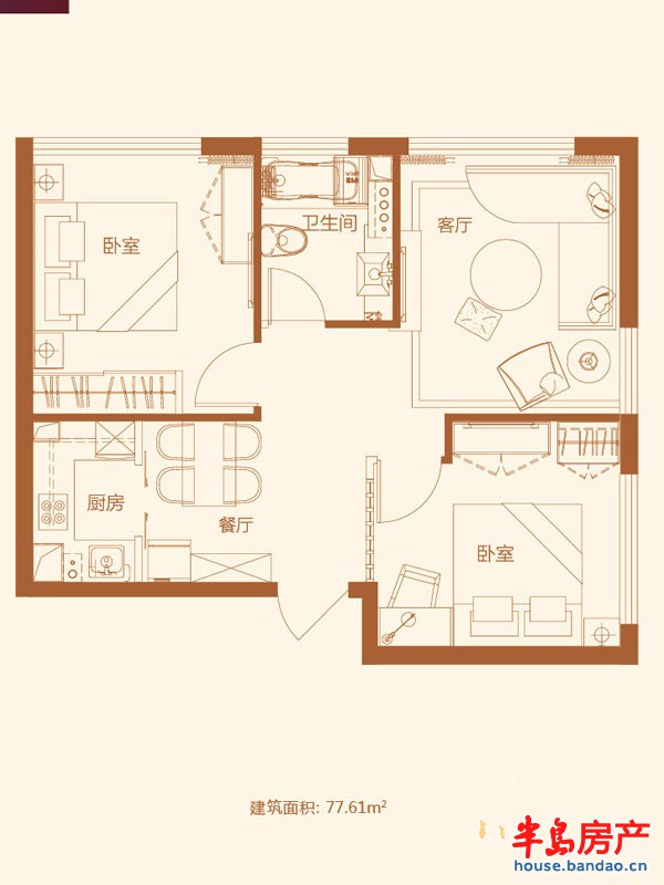 金色海湾A4户型两室两厅一卫77.61㎡