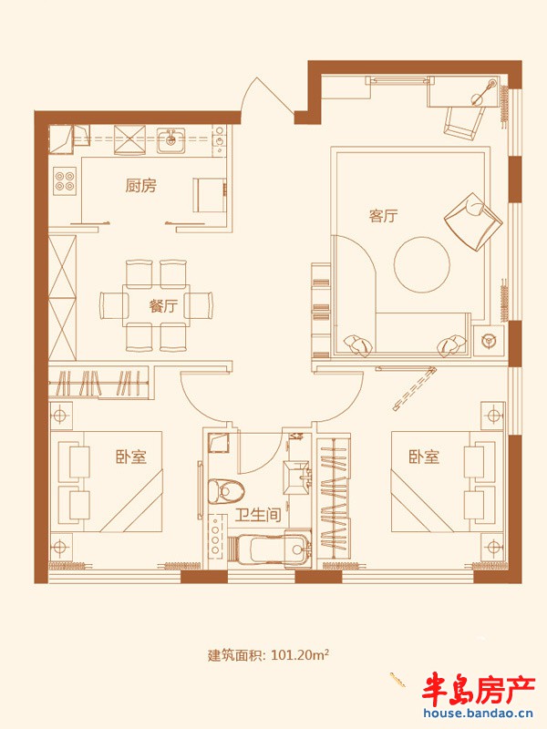 金色海湾A5户型两室两厅一卫101.20㎡ 2室2厅1卫1厨101.20