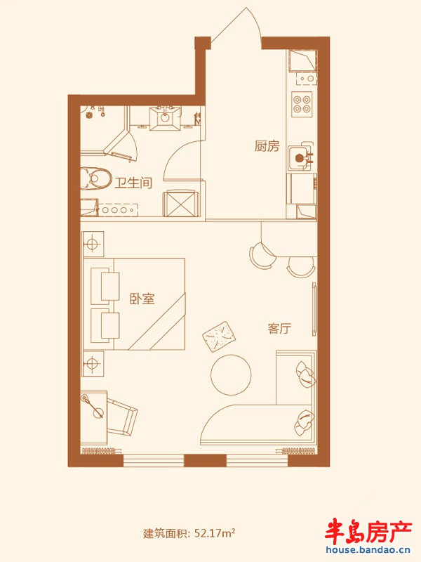 金色海湾A6户型一室一厅一卫52.17㎡ 1室1厅1卫1厨52.17