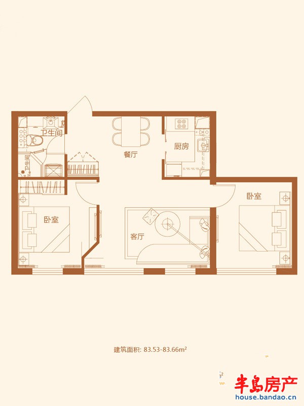 金色海湾A8户型一室两厅一卫83.53-83.66㎡ 1室2厅1卫1厨83.53