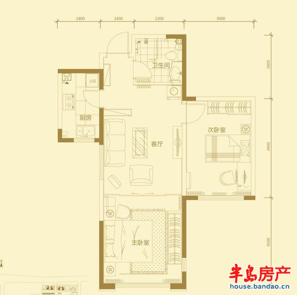 海岸华府标准层B户型2室1厅1卫1厨 70.00㎡