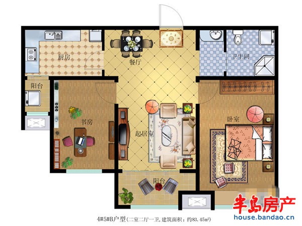 盈秀花园4#5#标准层B户型2室2厅1卫1厨 83.45㎡