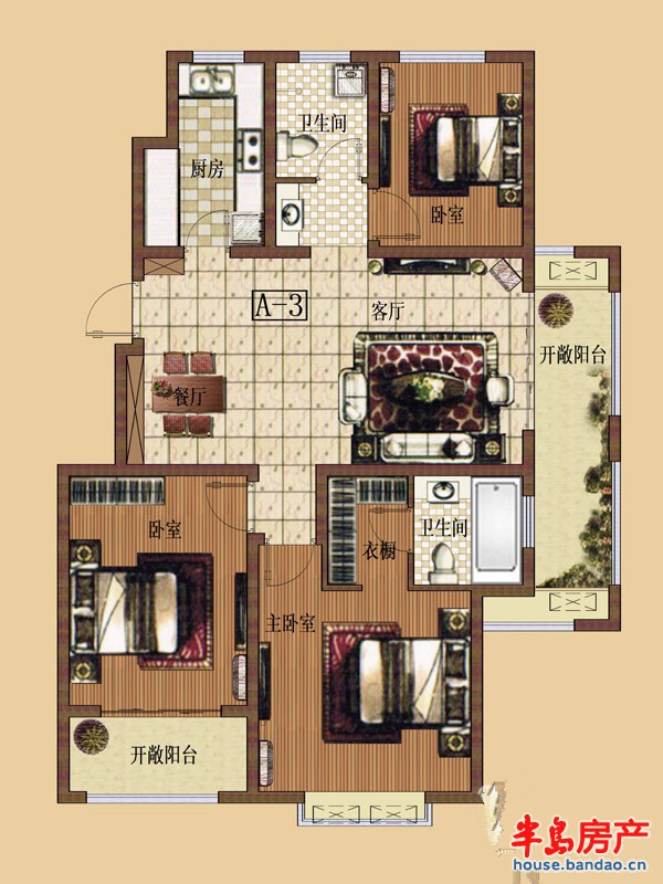 世家御园洋房A-3户型（20121119）3室2厅2卫1厨 108.00㎡