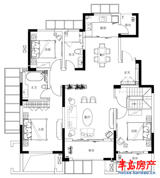 洋房户型A 约139㎡ 首层 三室两厅两卫